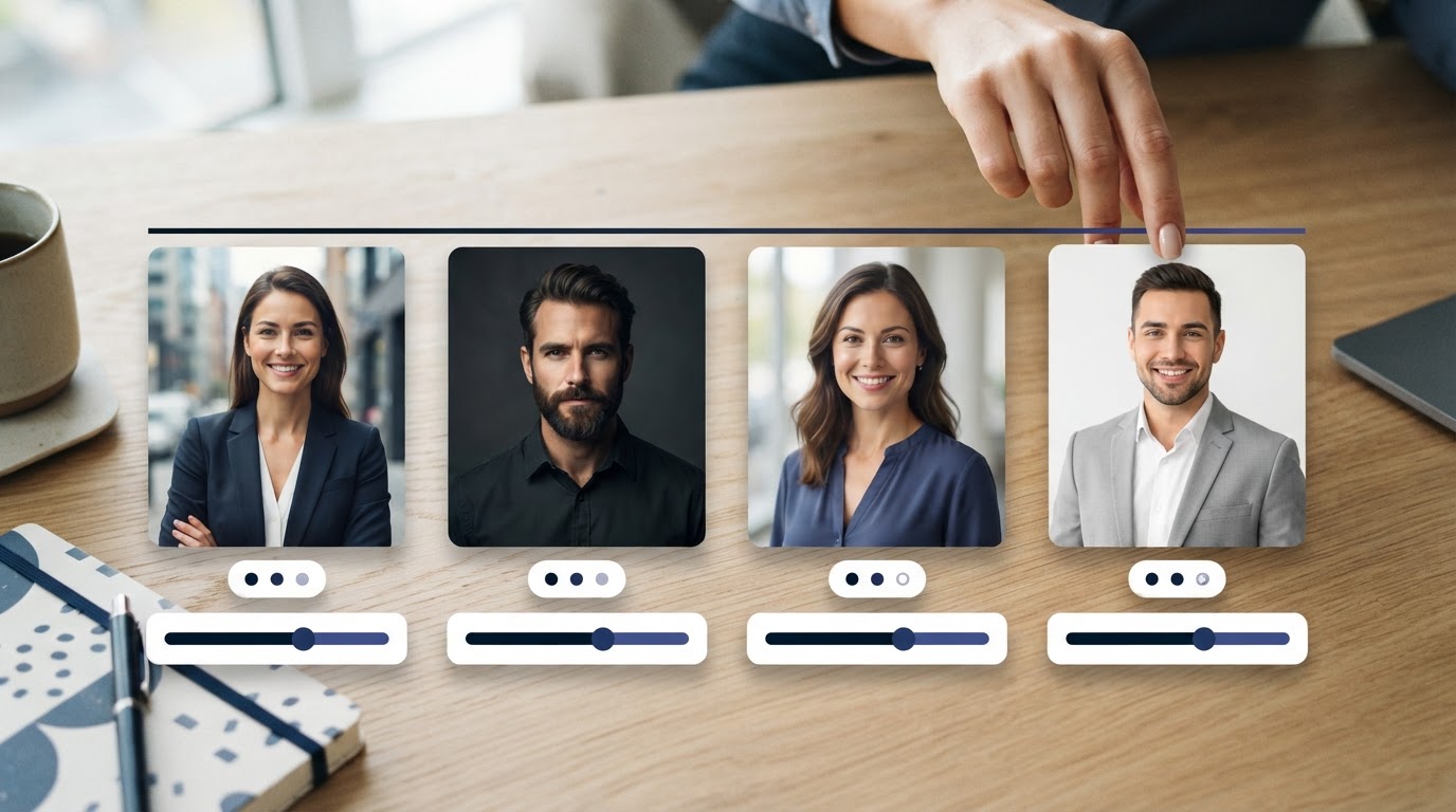 Illustration of comparing several professional headshot options side by side