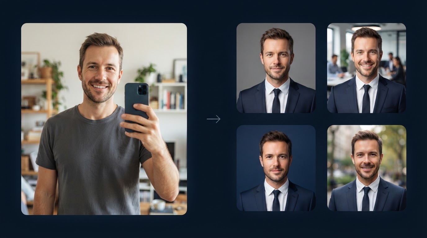 Illustration of one casual selfie being turned into four polished professional AI headshots with different backgrounds