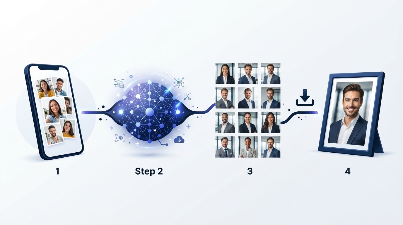 Illustration of the four-step AI headshot process: uploading selfies, AI processing, a gallery of results and final download