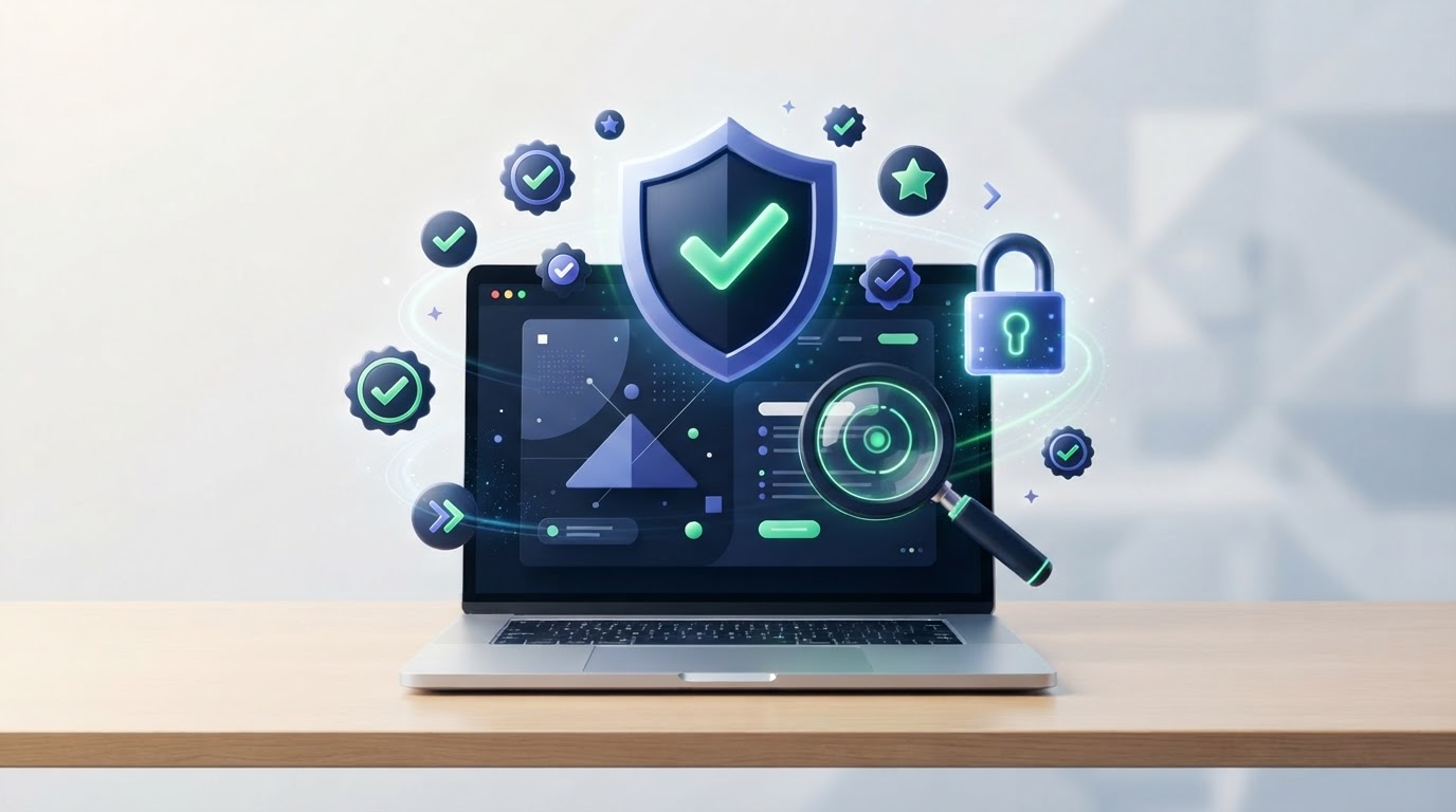 Illustration of a shield with a checkmark and verification badges over a website, representing a legitimacy check