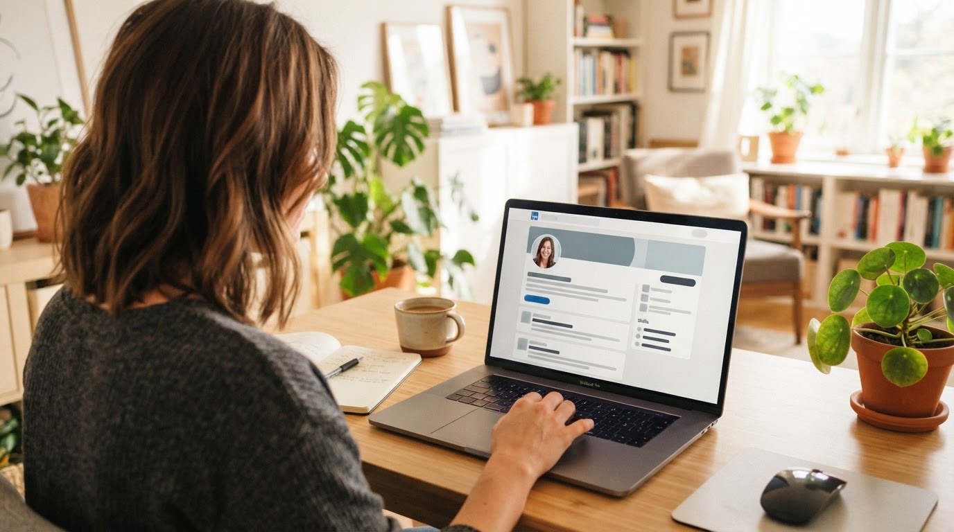 Professional updating a networking profile with a new headshot photo on a laptop