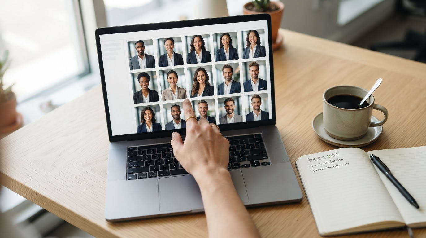 Person reviewing a gallery of professional AI-generated headshots on a laptop