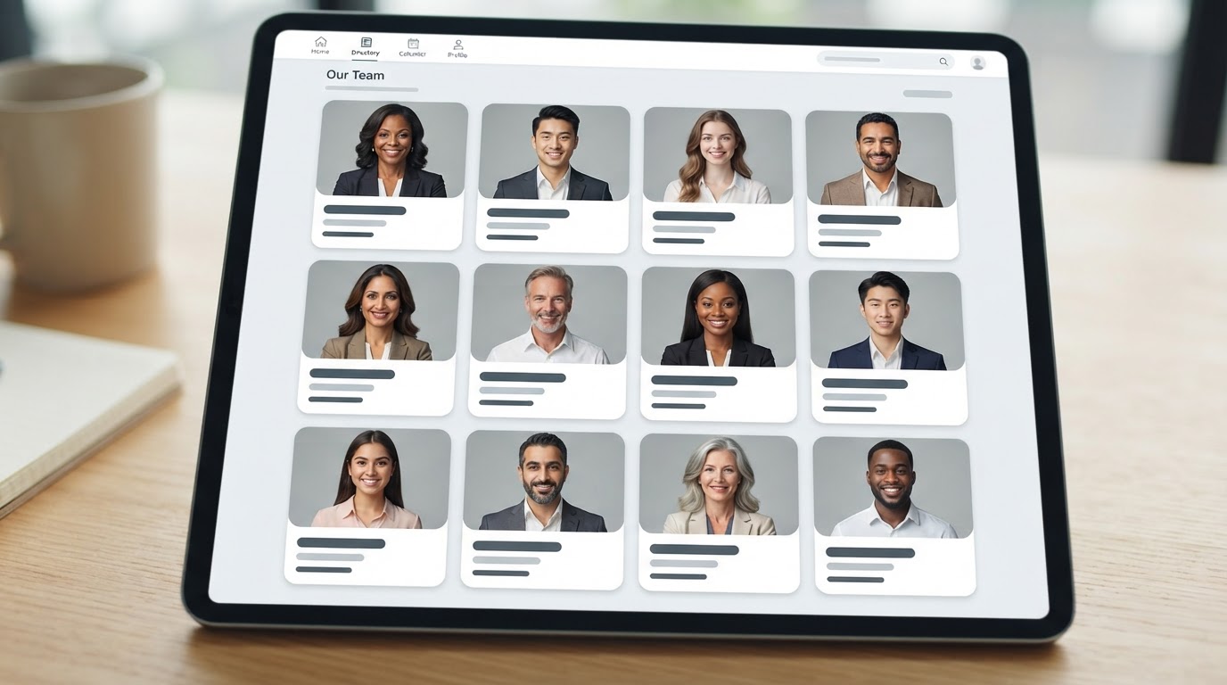 Team directory grid showing employee headshots with a consistent background and lighting style