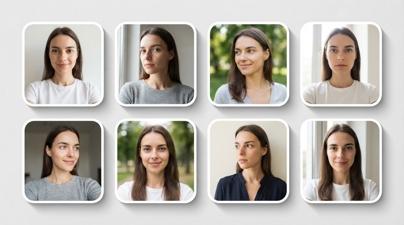 Grid of varied selfie photos of the same person with different angles, backgrounds and lighting — a good AI headshot upload set